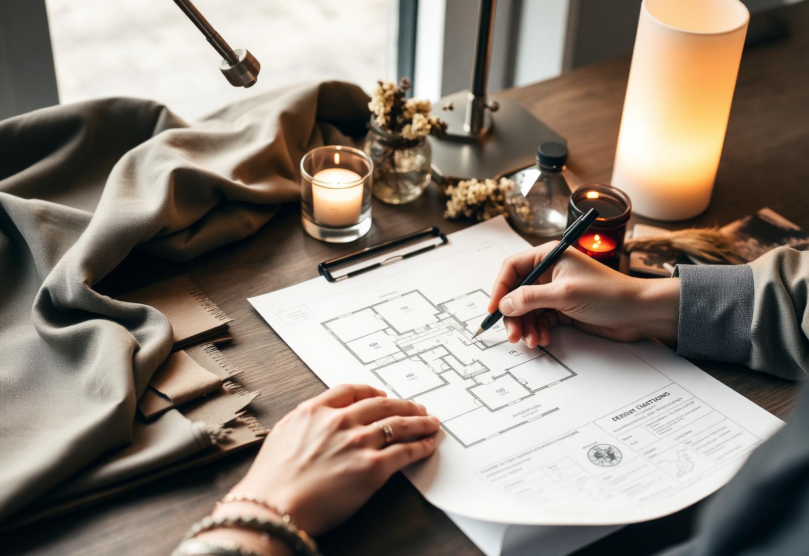Designer at work with floor plans and fabric swatches