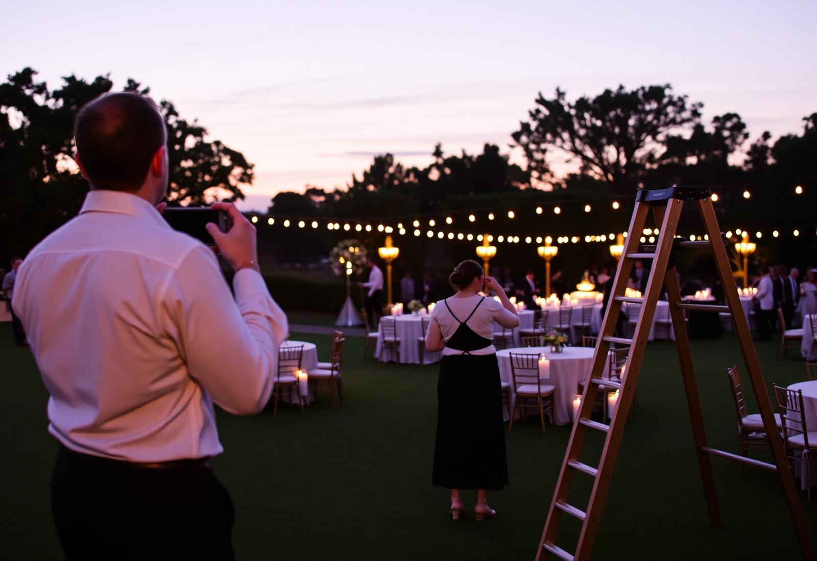 Event coordinators setting an outdoor reception at dusk